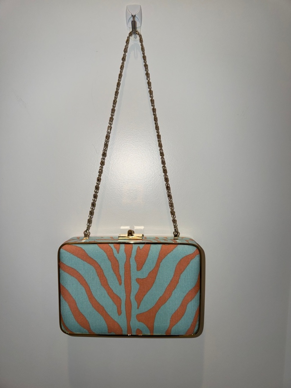 J McLaughlin Light Blue and Orange Zebra-Print Chain Shoulder Clutch
